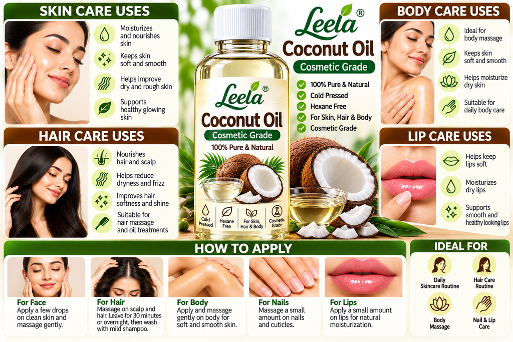 Leela Coconut Oil – Cosmetic Grade | Natural Moisturizing Oil for Skin, Hair, Body Massage, Handmade Soap, Cream, Lotion, Hair Conditioner & DIY Cosmetic Formulations.
