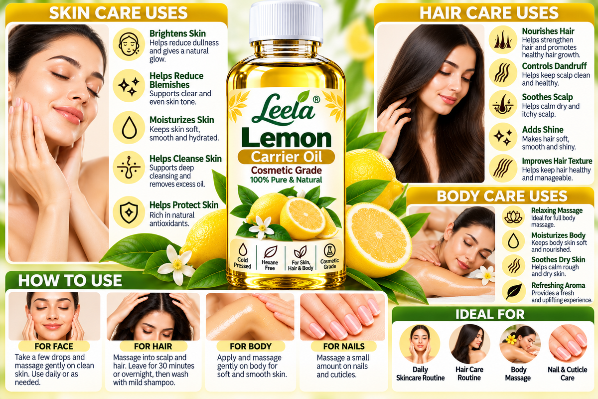 Lemon Carrier Oil – Cosmetic Grade Moisturizing Oil for Skin, Hair, Body Massage, Nail Care, Handmade Soap, Cream, Lotion and DIY Cosmetic Formulations.