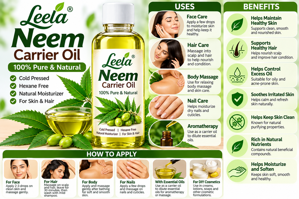 Neem Carrier Oil – Cosmetic Grade Herbal Oil for Skin Care, Hair Care, Scalp Care, Body Massage, Handmade Neem Soap, Cream, Lotion, Shampoo & DIY Cosmetic Formulations.