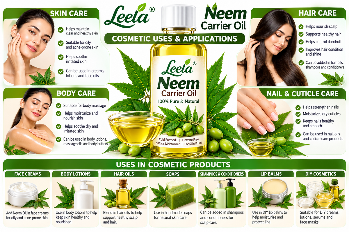 Neem Carrier Oil – Cosmetic Grade Herbal Oil for Skin Care, Hair Care, Scalp Care, Body Massage, Handmade Neem Soap, Cream, Lotion, Shampoo & DIY Cosmetic Formulations.