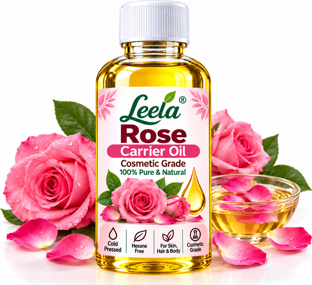 Leela Rose Carrier Oil – Cosmetic Grade Natural Moisturizing Oil for Face, Skin, Hair, Body Massage, Nail & Cuticle Care, Handmade Soap, Cream, Lotion & DIY Cosmetic Formulations.