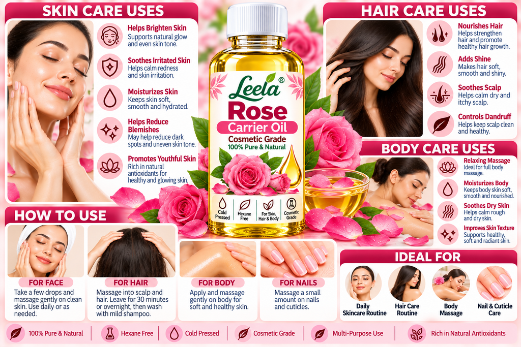 Leela Rose Carrier Oil – Cosmetic Grade Natural Moisturizing Oil for Face, Skin, Hair, Body Massage, Nail & Cuticle Care, Handmade Soap, Cream, Lotion & DIY Cosmetic Formulations.