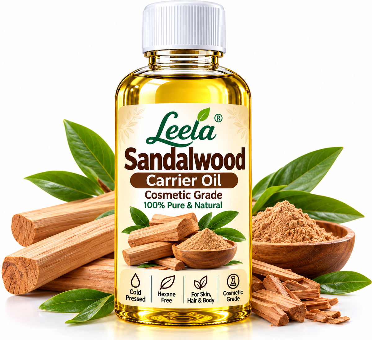 Leela Sandalwood Carrier Oil – Cosmetic Grade Natural Moisturizing Oil for Face, Skin, Hair, Body Massage, Nail Care, Handmade Soap, Cream, Lotion & DIY Cosmetic Formulations.