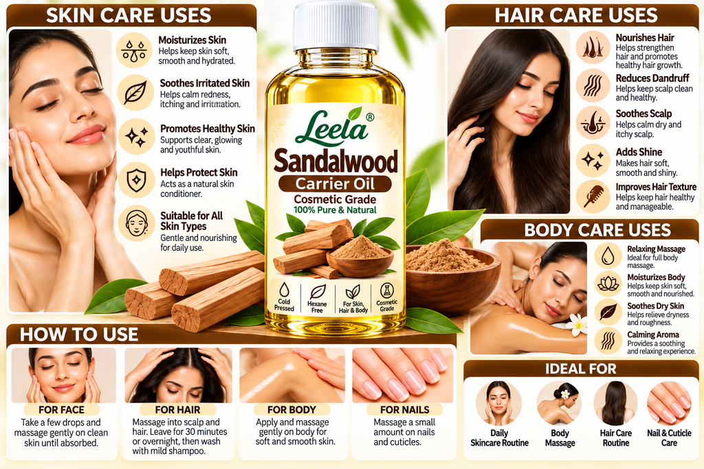 Leela Sandalwood Carrier Oil – Cosmetic Grade Natural Moisturizing Oil for Face, Skin, Hair, Body Massage, Nail Care, Handmade Soap, Cream, Lotion & DIY Cosmetic Formulations.